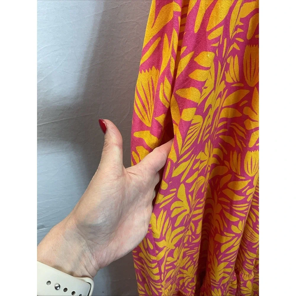 Palms Away scoop neck floral pink oversized tiered Maxi Dress Farm Rio vibes MED